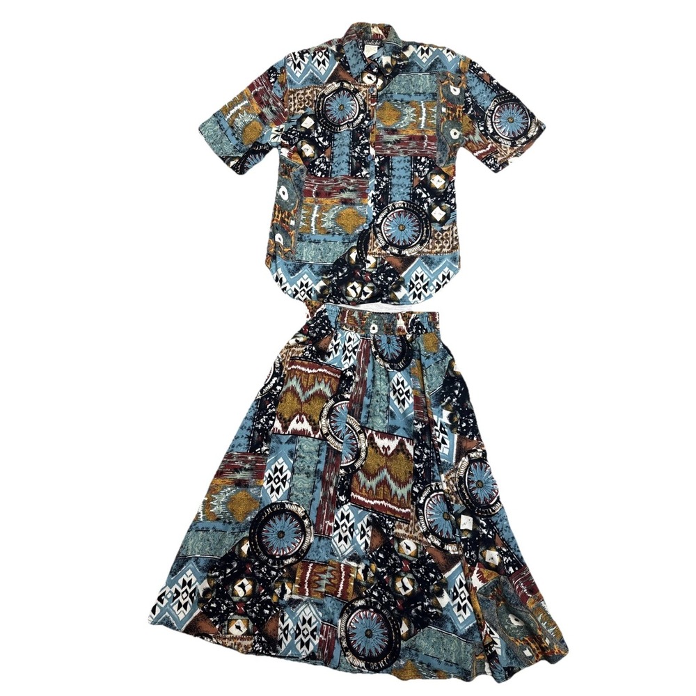 Vintage 2 Pc‎ Southwest Mid Length Dress Shirt Skirt Caliche Western Aztec Small